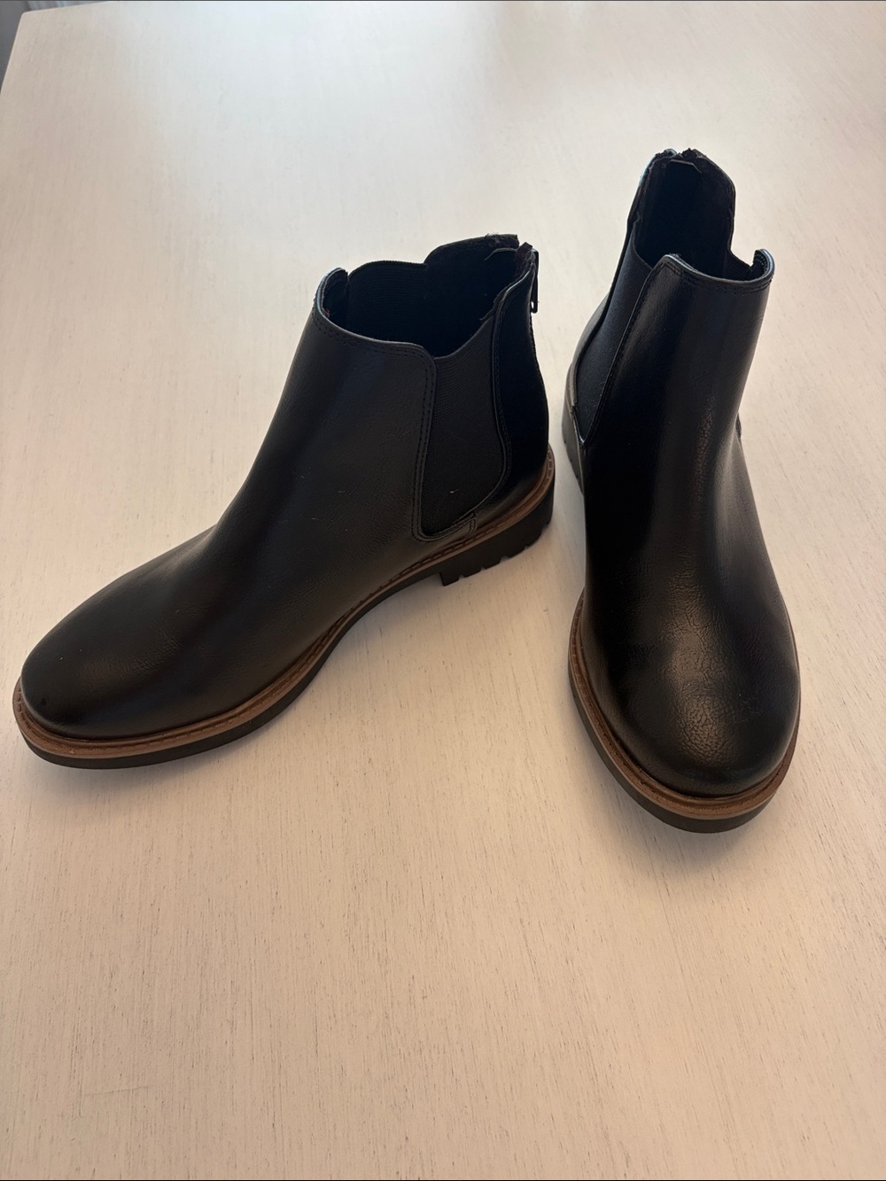 NWOT Esprit Black Leather Chelsea Booties with Brown Trim